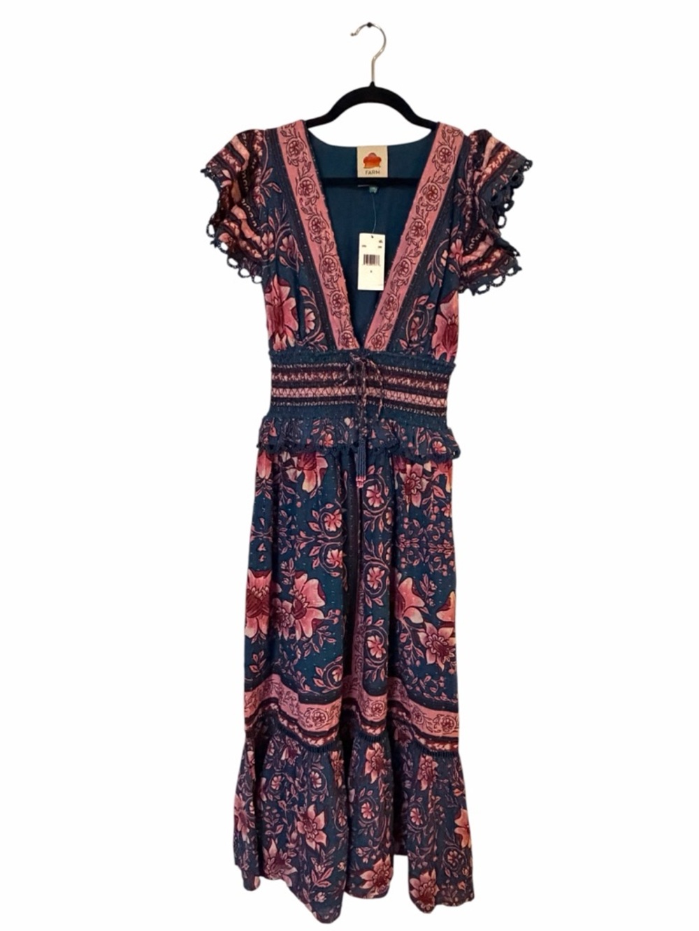 NWT FARM Rio Floral Scarf Print Midi Dress Smocked Tassel Tie Cottagecore XS - Picture 2 of 9
